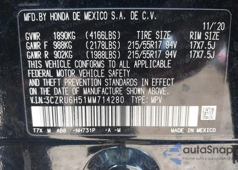 2021 Honda Hr-V Awd Ex z USA, uszkodzony, nr VIN 3CZRU6H51MM714280